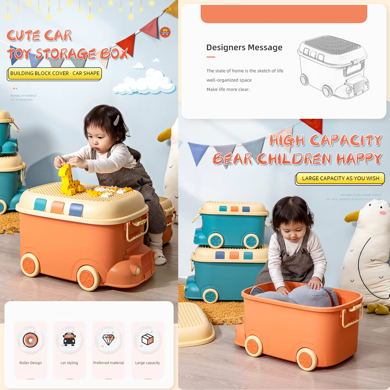 Large Kids Toy Box with Wheels – Rolling Storage Bin