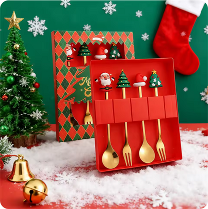 4-Piece Golden Christmas Spoon Set – Festive Holiday Dessert & Coffee Spoons