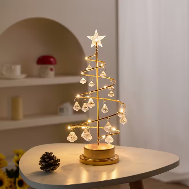 Elegant Metal Christmas Tree Lamp – Warm White LED with Crystal Ornaments