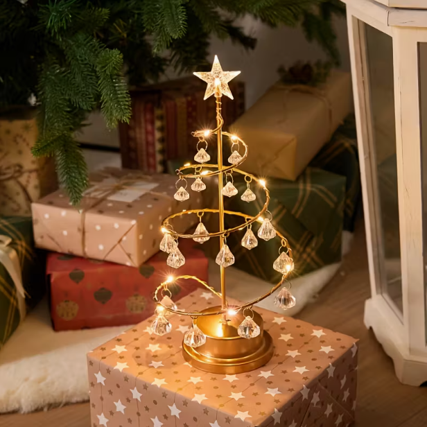 Elegant Metal Christmas Tree Lamp – Warm White LED with Crystal Ornaments