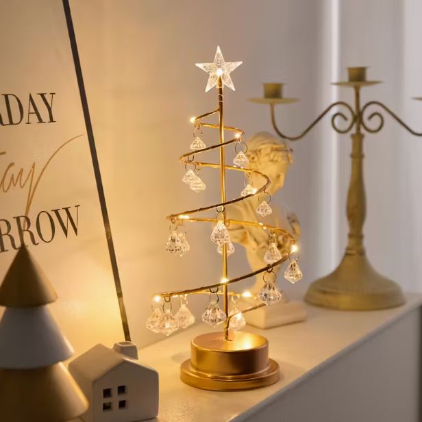 Elegant Metal Christmas Tree Lamp – Warm White LED with Crystal Ornaments