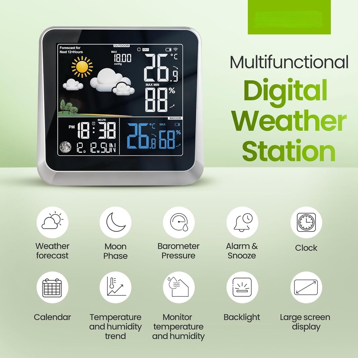 Home Weather Station & Indoor/Outdoor Thermometer Wireless – Weather Forecast, Barometer & Moon Phase Display