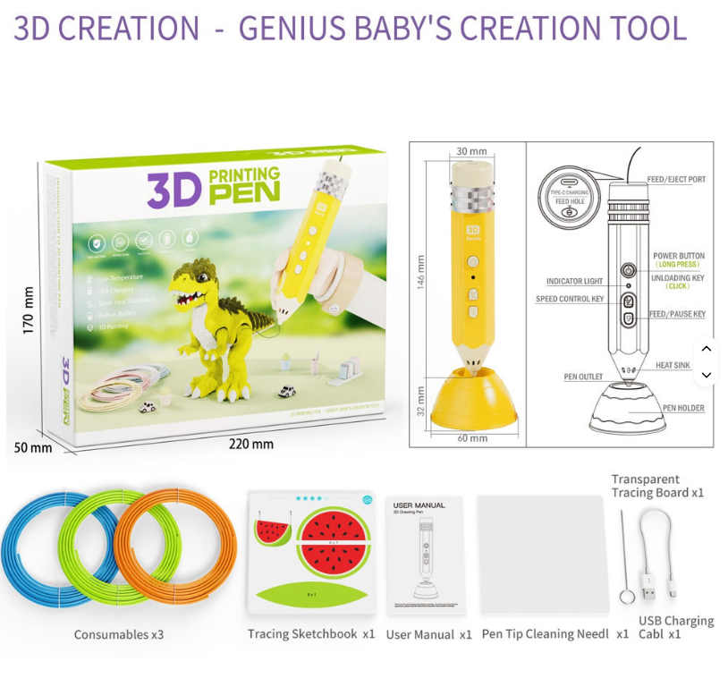 3D Printing Pen for Kids – Low-Temperature Safe No-Burn Tip, Art Drawing & DIY Craft Pen Set with Filaments