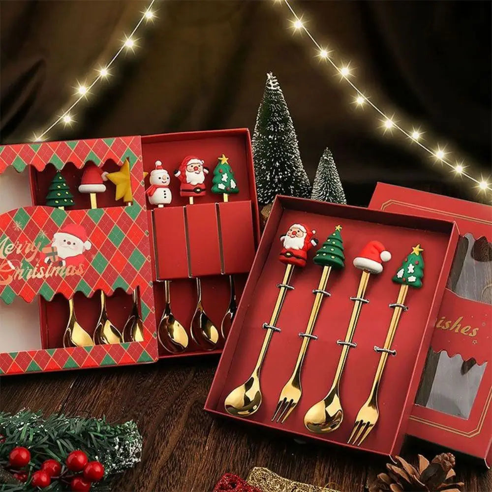 4-Piece Golden Christmas Spoon Set – Festive Holiday Dessert & Coffee Spoons