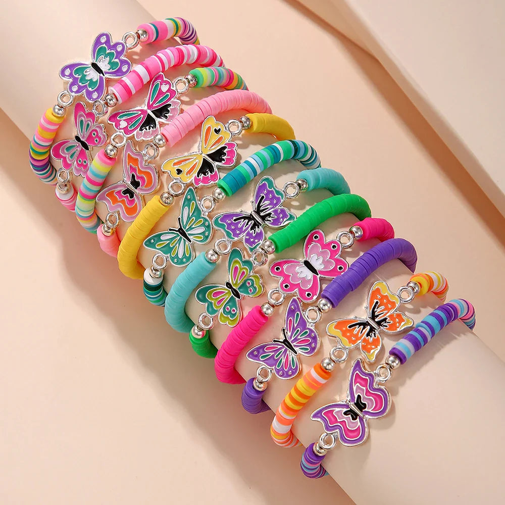 12-Piece Elastic Beaded Charm Bracelet Set – Assorted Cute Themes